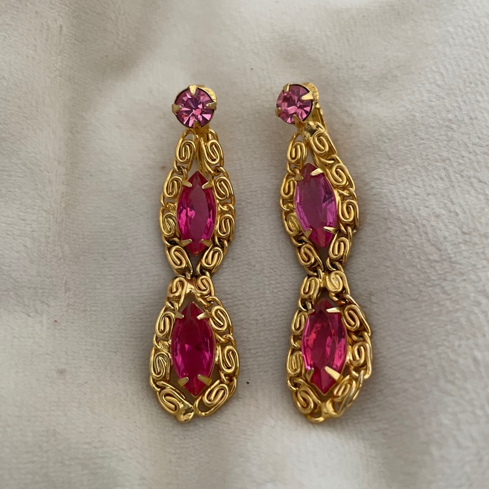 3 for $24 Clip-on pink jewel gold filigree earring